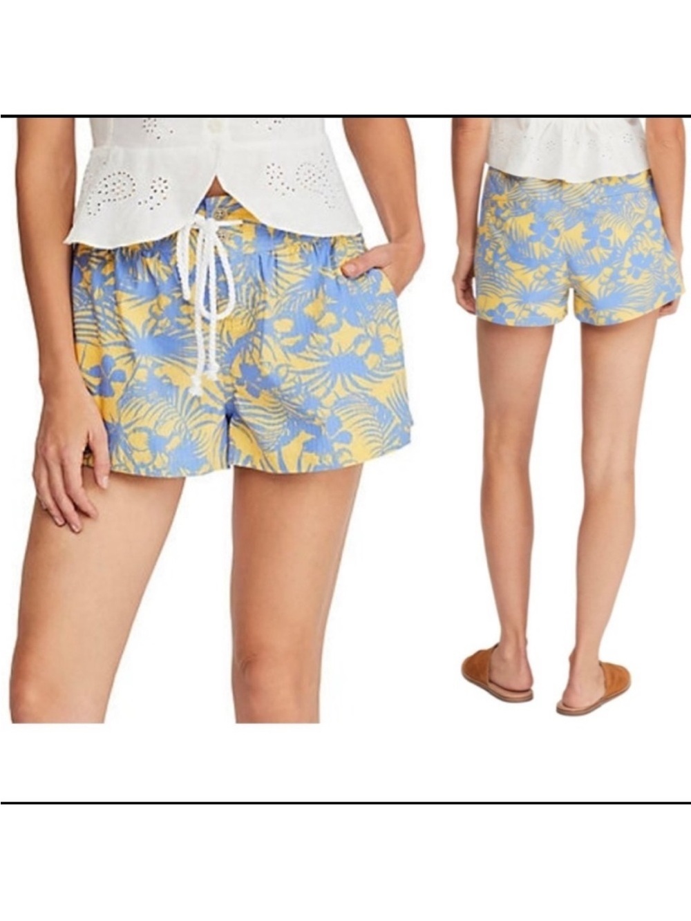 Free People Island Bermuda Shorts Sz 8 Cotton Blue Yellow Tropical Floral Print